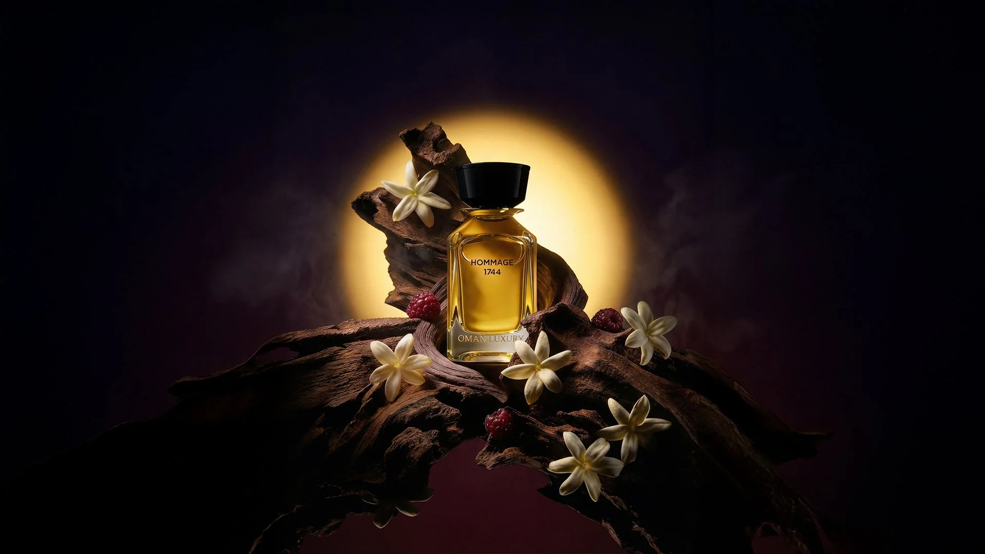 Hommage 1744 standing on agarwood, backlit by a golden disc